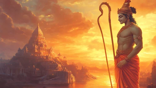 Divine warrior overlooks golden temple city at sunset.