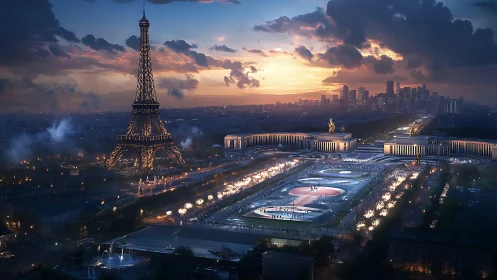 Paris Olympic Stadium Complex at Twilight.