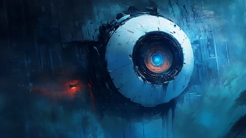 Orbital cybernetic eye core within fractured azure hull.