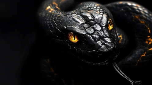 Close frontal view of dark scaled snake with bright eyes.