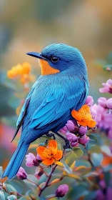 Brilliant blue songbird rests gently among blooming flowers