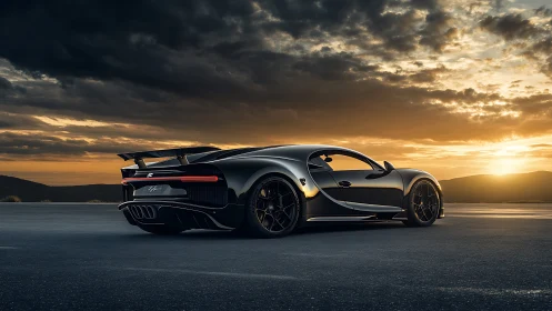 Black hypercar on open road under cloudy sunset sky.