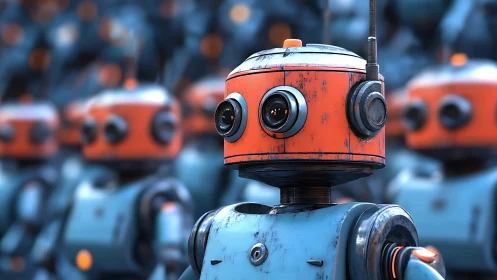 Curious orange-headed robot stands apart in a metallic crowd.