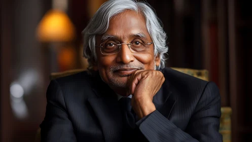 Gentle elder in glasses rests thoughtfully with a warm smile