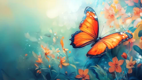 Digital painting of orange butterfly over ethereal florals.