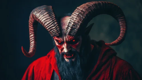 Horned dark figure in red cloak with glowing eyes.