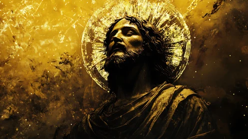 Golden haloed statue of bearded robed man in reverent pose.