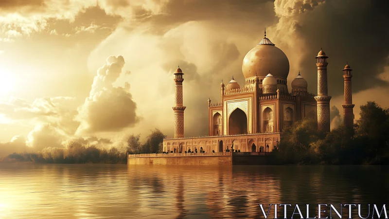 Golden riverside palace glows beneath storm-kissed skies.