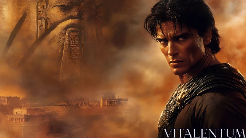 Brooding desert warrior amid ancient colossal ruins.