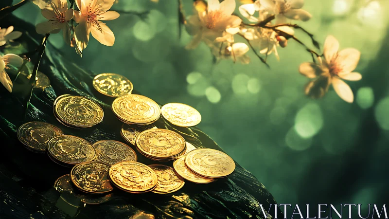 Golden forest coins rest softly beneath spring blossoms