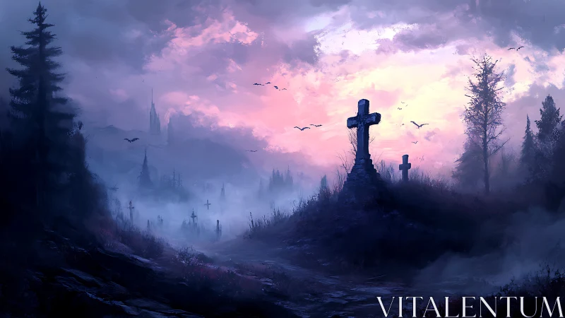 Foggy hill cemetery under dusk sky with distant spires.