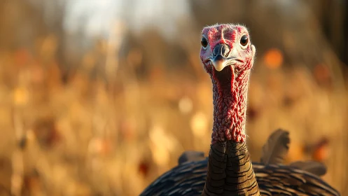 Wild turkey portrait under warm autumn field light.