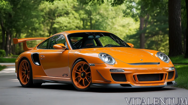 Orange sports coupe on paved roadway in wooded parkland.