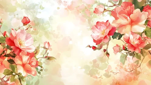 Coral Roses with Soft Bokeh Blossoms in Luminous Pastel Composition