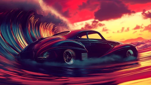 Retro coupe slices neon surf under blazing sunset sky.