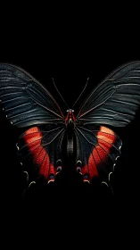 Lustrous black butterfly with vivid crimson heart bands.