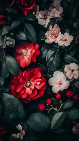 Red and Blush Roses Dancing in Moody Garden Light.