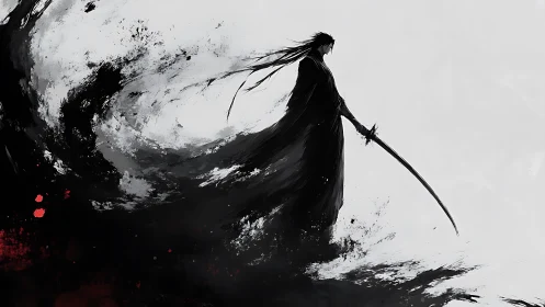 Lone shadow warrior standing calm in swirling ink storm.