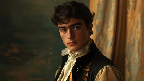 Portrait of young man in historical attire indoors.