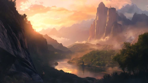 Sunlit fantasy valley with misted river and towering cliffs.