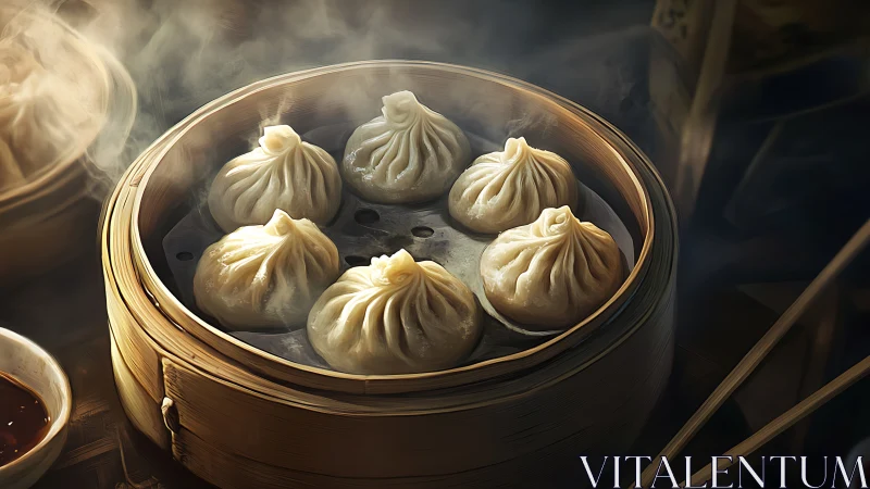 Steaming soup dumplings rest in a bamboo steamer basket.