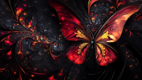 Fiery fractal butterfly glows against a dark cosmic bloom