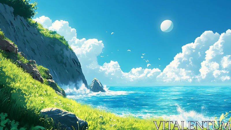 Sunlit cliffs overlook a tranquil turquoise summer sea