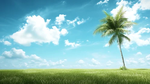 Single palm tree on open grassy field under blue sky.