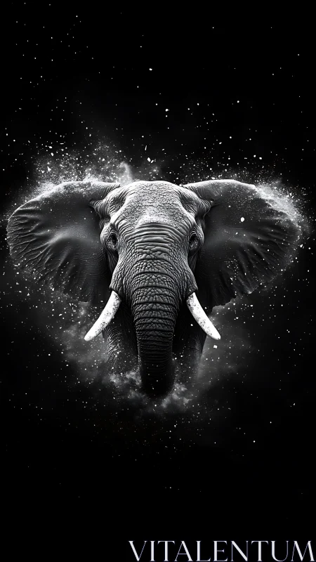 Monochrome elephant portrait emerges through cosmic dust field