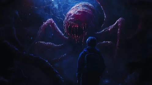 Bioluminescent cavern entity confronting lone backpacked observer.