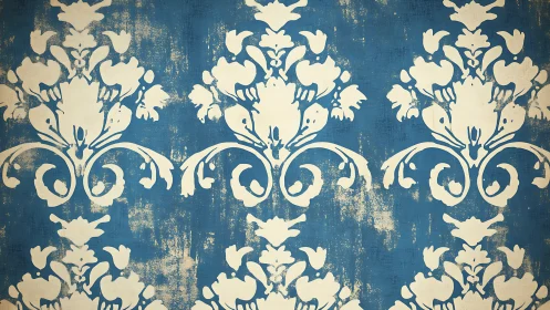 Vintage blue damask wallpaper with distressed floral pattern.