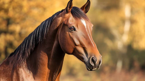 Bay horse portrait in sharp focus against soft bokeh background.
