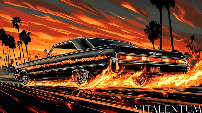 Midnight lowrider ignites a neon sunset boulevard blaze.