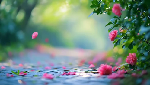 Pink Roses Scattered on Stone Path With Lush Foliage.