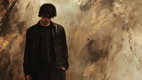 Solitary young man against muted abstract textured wall.