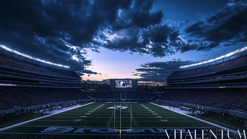 Twilight football stadium under storm-laced evening sky.