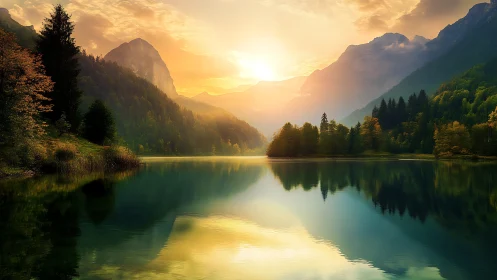 Sunlit alpine lake mirrored by serene mountain forest.