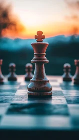 Sunset-lit chess king stands ready for thoughtful strategy