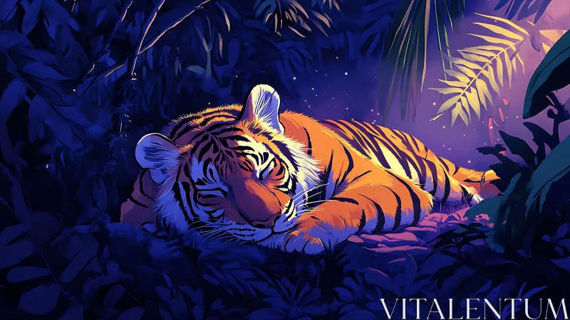 Midnight jungle hush curls around a resting ember tiger