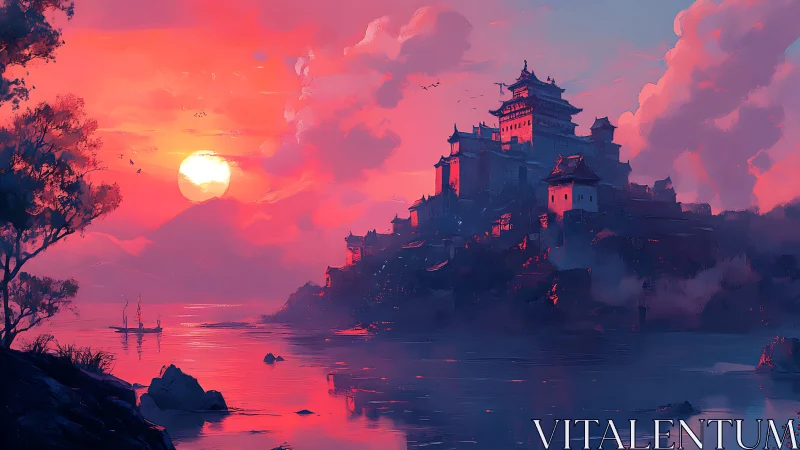 Coastal fortress complex stands against saturated sunset sky