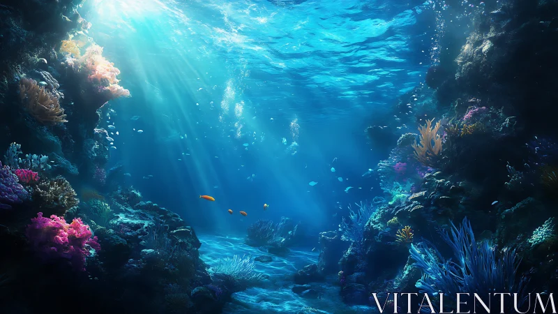 Digital seafloor scene with coral reef and filtered sunrays.