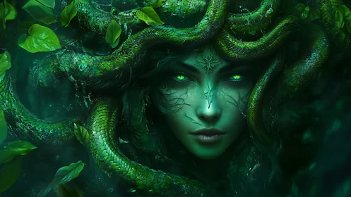 Mystical green serpent-haired woman with glowing eyes portrait