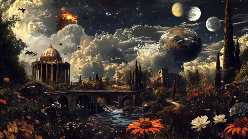 Multi-moon celestial garden with domed temple and stone viaduct.