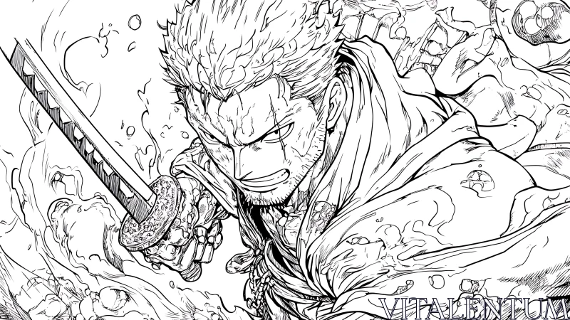Swordsman charges forward with drawn katana in ink line art