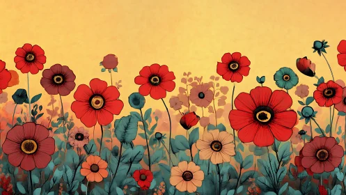 Wildflower Field Against Golden Sky. Digital Botanical Art.