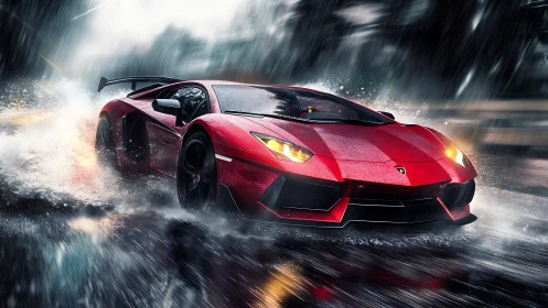 Red supercar powers through neon rain-slicked city streets.