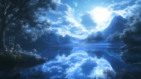 Moonlit blue valley lake mirrors glowing cloudlit sky.