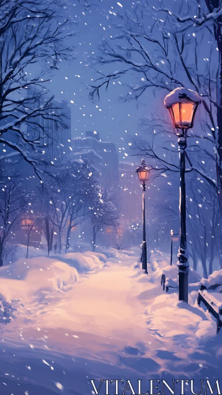 Snowy city park path glows under warm lamplight at dusk