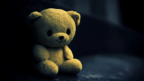 Lonely golden teddy bear waiting in the blue-black quiet.