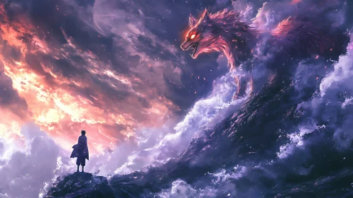 Lone dreamer meets blazing sky spirit above storm clouds.